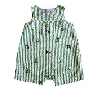 Little Me Boys Green Striped Golf Overalls Seersucker Embroidered Golf Cart 3M
